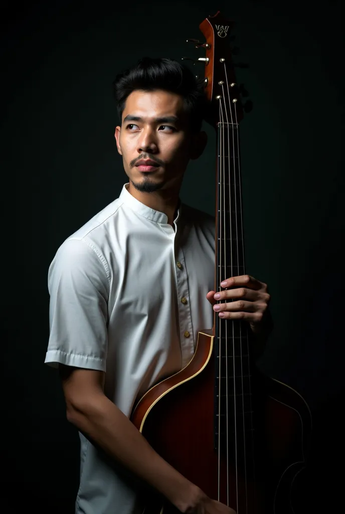 photo of a bassist, clean face without mustache and beard ,5 string bass guitar holder for fender,Handsome,wearing a short-sleeved white muslim shirt,in very low lighting