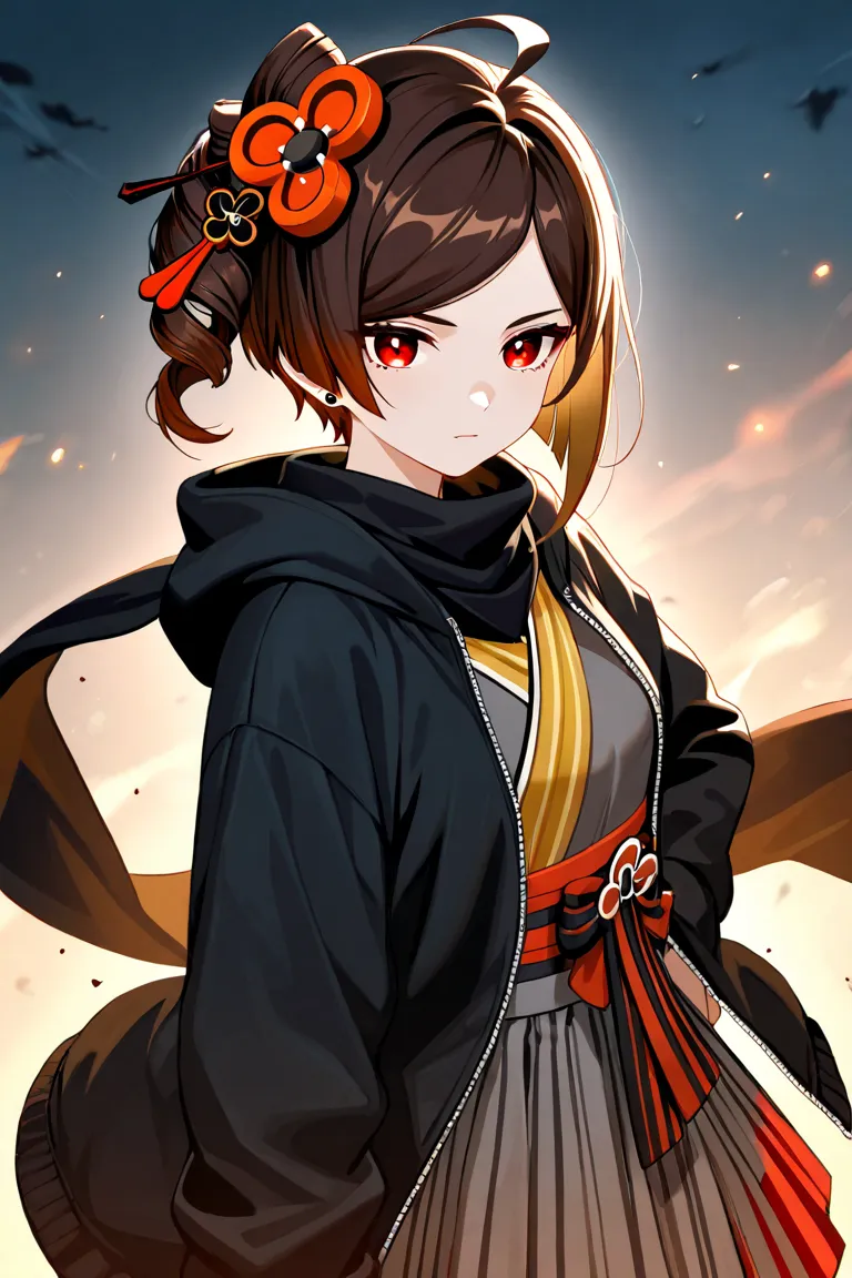 Genshin Impact style male character,  with short brown hair , inspired by Chiori and with modern gothic clothing in black,  RED EYES, black hoodie with straps, scarf