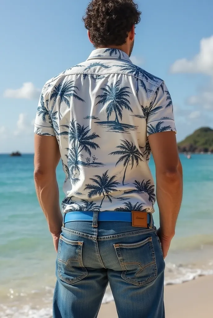  realistic photography , of 35 years old (((men's athletic white))) , , seen from below, nalgon  in the profile , , Oxford shirt with Hawaiian print and very tight blue jeans, Blue Belt,  in the profile , big ass, viendo a cámara,  In Hawaii landscape , se...