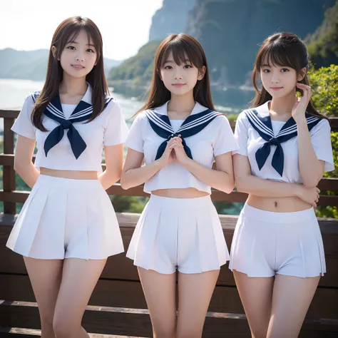 8K High Resolution Photograph, 6 beautiful Japanese girls, Beautiful Girls in White Sailor Uniforms, standing in a row with their hands behind their heads {x} looking at the camera with a smile, 3 people on the left have pink panties, The 3 people on the r...