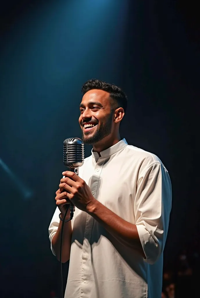 photo of a vocalist, clean face without mustache and beard ,holding a classic microphone,Handsome,wearing a short-sleeved white muslim shirt,in very low lighting