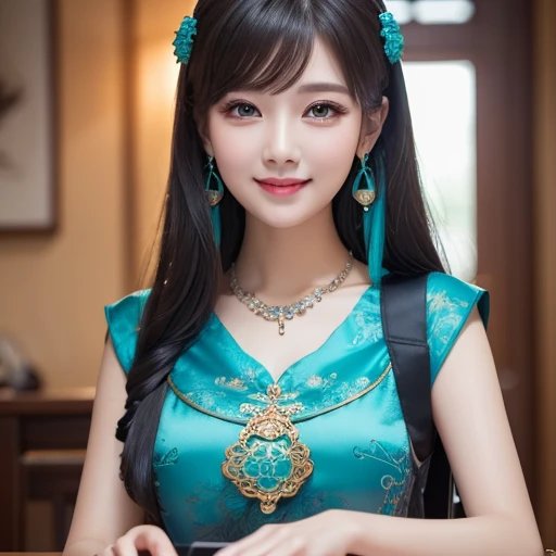 Masterpiece,  best quality ,  Ultra Details, illustration,( 1 girl), eyes drawn in beautiful detail,  Watch Your Audience, ( Hold up the computer keyboard ),  happy, ( turquoise hair:1), (Blue round eyes:1), (Round earrings), ( large turquoise jewelry neck...