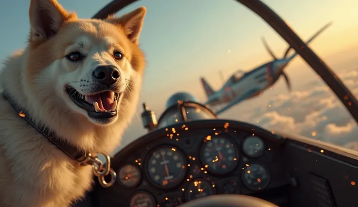 The Hunt Turns Personal – Claws (P-51 Mustang plane) vs. Fangs (Mitsubishi Zero plane)
🐶 Dog’s Perspective (Mitsubishi Zero Cockpit View - Sudden Realization)
Prompt: The Akita dog pilot of Mitsubishi Zero plane, confidence vanishes as his cockpit erupts i...