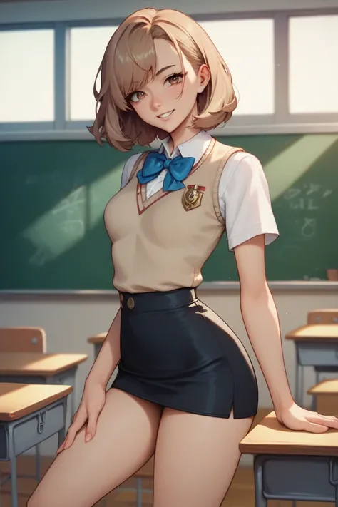 Highly detailed, slender legs, thin waist, anime, grey woolen plad mini skirt, anime style, in classroom, normal sized body, detailed shadows, sexy eyes, highly detailed eyes, white short sleeve shirt, light brown sweater vest, 8k, sexy face, sexy smile, m...