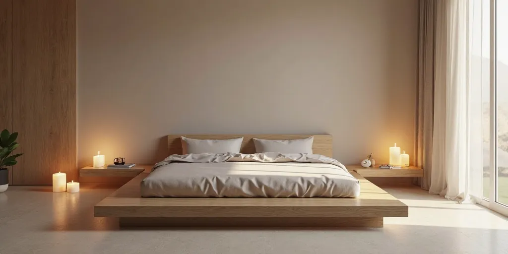 Minimalist Wooden Platform Bed With Cushions And Candles In A Modern Interior Background