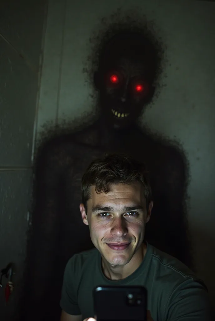 No according to the prompt A young man takes a selfie with his smartphone. The image on the phone screen shows him smiling slightly, but behind him, a shadowy, red-eyed figure lurks. The figure is barely visible, blending into the darkness, but its siniste...