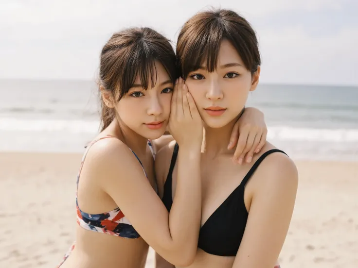 wearing black bikini swimsuits on the beach in Okinawa２Women are standing hugging each other、(realistic、as shown in the picture、live-action、8k, photorealistic)、(( pink inner colored hair :1.1))、 cute Japanese woman、((full body:1.5))、long hair:1.2、style hai...