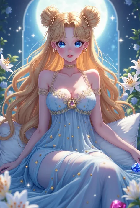  Princess Serenity sailor Moon adult full body , blue eyes yellow hair in two chunks with women's nightgown set transparent blue with gold stars hollow mesh with lace vest fashionable for women fridja nalpqowj18226 in her room in her bed with lilies and ge...