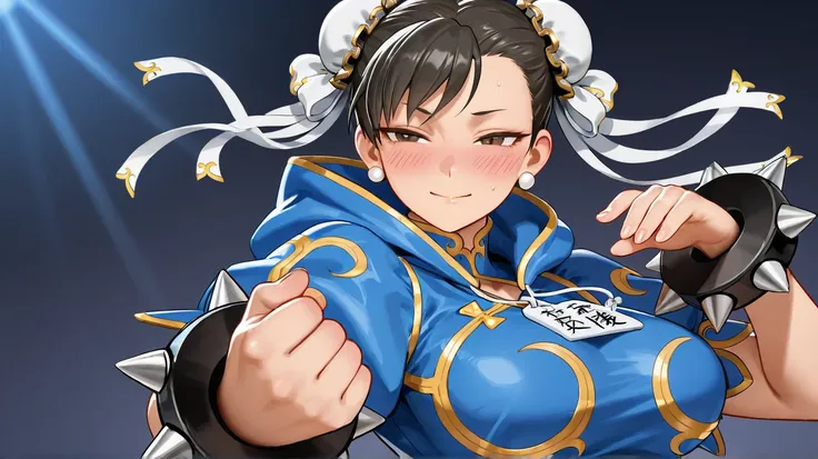 CREATE Chun-Li 1 , Alone, Blush, Ultra HD, Black hair, throw, Half Close Face, hair,  smile,  embarrassed, Slight smile, hood,  seen from below, 