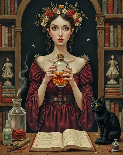 (Mark Ryden Style: 1.2), (Camille Rose Garcia: 1.3) (Robert Williams Style: 1.4), (Abstract Expressionist Art: 1)The image portrays the illustration of a woman with an ethereal air, dressed in a dark wine dress of medieval  style. She uses a crown of dry f...