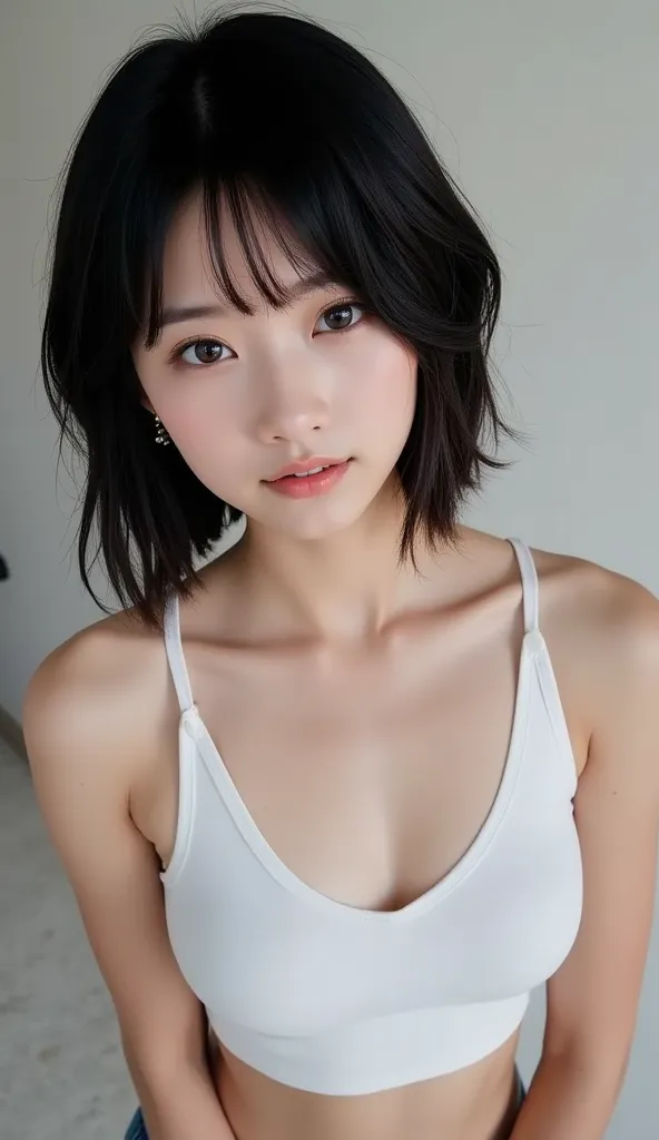 (((宣材 photos)))
The real picture　realistic　black hair and wavy dark shorts jeans short hair ((( 顔に陰影のある photos)))
　white tank top
　Eyes are black　腰から上の photos　 pure 　Pure
Japanese　 real 　 photos　Sparkling effect on eyes, 　
stand up　　Actual item　 real 　 Fac...