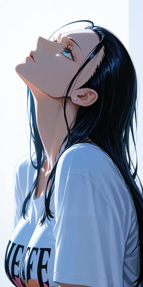 masterpiece, high score, great score, absurdres, close-up, beautiful woman, Nico Robin, one piece, black hair, long hair, hair slicked back, beautiful blue eyes, oversized t-shirt, simple background, vivid colors, volumetric lighting, soft lighting, facing...