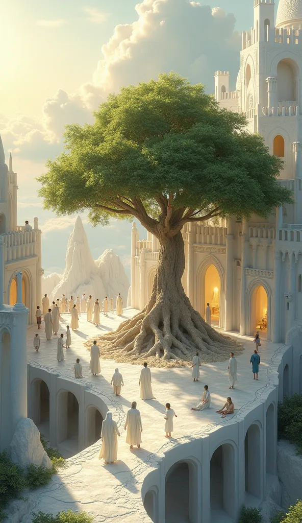 “A heavenly city built among the clouds, with white, sculpted architecture resembling an ancient sacred village. The structures have elegant arches and open spaces, blending seamlessly into the ethereal landscape. At the center, a majestic tree with lush g...