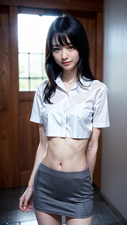 slender body、best quality, masterpiece, Ultra High Resolution,RAW photo, Japanese、1 girl,  plain clothes 、Do you have shorter bangs、 black hair、smooth, straight, long、best smile
Transparency、companion uniform



