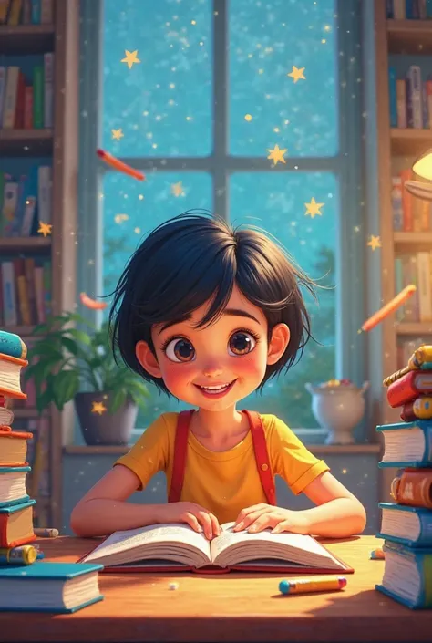 Pixar-like poster of a  girl with short black hair and happy studying