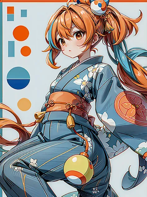 Background、round and square、Greatest Masterpiece、 kimono、A geometric pattern combining blue and orange、Seven hair colors、