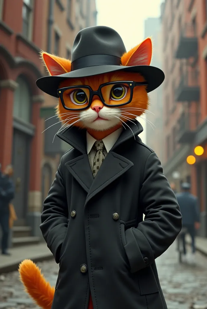 An orange cat in black clothes, fading glasses, overcoat and hat, In the background a street with buildings