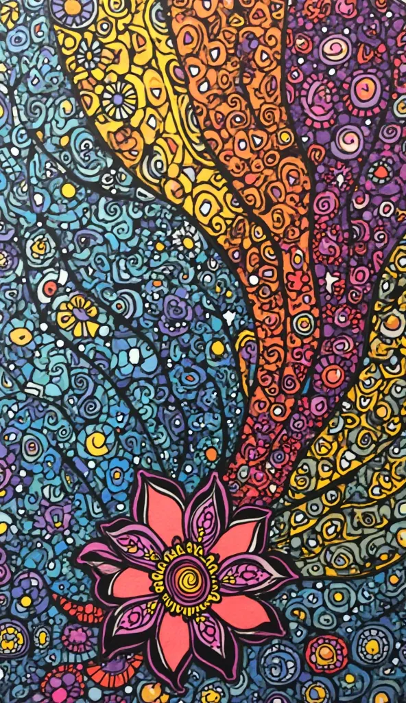 Vibrant Zentangle black Design. Where the main details is positioned in the lower third of the frame and unbalanced details. The composition should emphasize the harmony between colors and visual interest, with the focal point strategically placed to draw ...