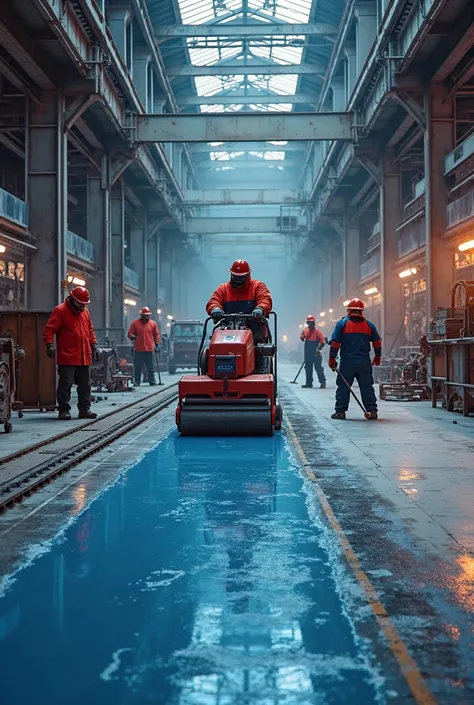 I want to make a picture of the workers operating the industrial floor grinder and the workers who are applying the factory floor paint roller. the main colors are red and navy blue.