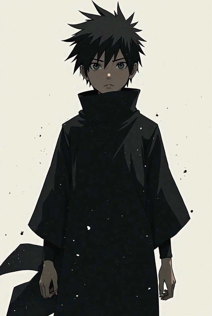 Boy from the anime Naruto wearing Jonin clothes and light pants, It has a color all black with small white dots without hair, very powerful.