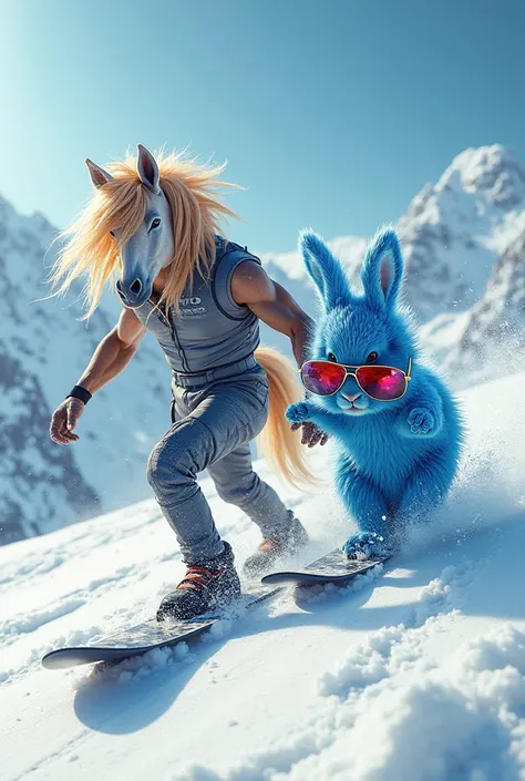 A horse-headed person and a blue rabbit wearing red sunglasses snowboards