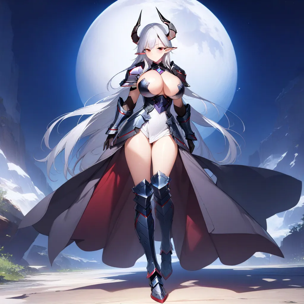 (masterpiece),(best quality),(ultra-detailed),(best illustration),(best shadow),(absurdres),(detailed background),(very aesthetic), looking at viewer, luna, 1girl, horns, solo, breasts, pointy ears, red eyes, long hair, large breasts, armor, full body, hea...