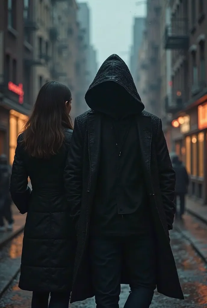 a hooded thief with a friend who looks back at him and a detective girl in a city with bright and dark contours at the same time (realistic real life) But that they are not there in front or maybe a symbol and all black 