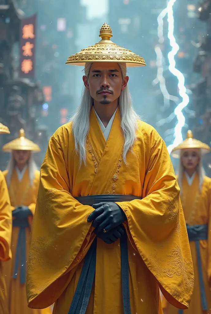 A mid-adult male, likely of Asian descent,  exudes confidence.  He's dressed in a striking, golden-yellow, long-sleeved robe, with a matching wide, dark-blue sash or belt.  A distinctive, ornate,  light-gold  hat with a curved, pagoda-like shape sits atop ...