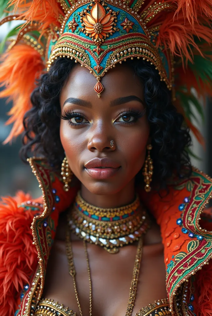 (photorealism:1.2), Beautiful beautiful black woman dressed in carnival costume in full body costume

