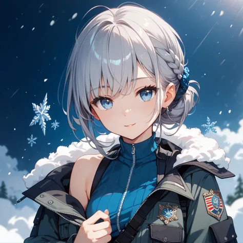 one woman、Hairstyle with only a long neckline、Gray Hair、light blue eyes、 cute、Military cold protection、cold weather background