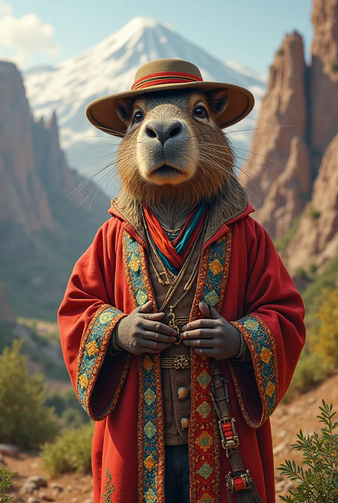 Professor Capybara dressed as a Bolivian highlands 