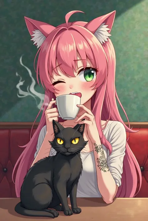 emerald green and red gradient background、old cafe 、Femboy's long pink hair, One eye blinks、With an ecstatic look、green eyes。 Drink steaming coffee、tattoo accessory holding a black cat sticking out its tongue, Cat ears, 