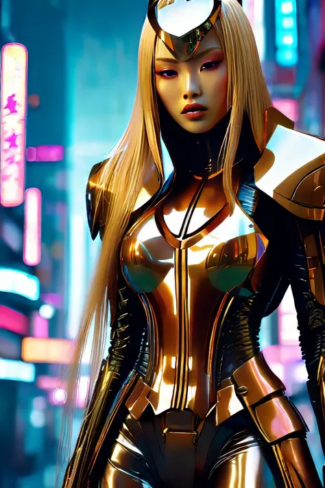 
Woman, anime style, body with curves. big breasts. Long blonde hair. silver eyes; Wearing golden cyperpunk-style armor. Holding a Japanese katana.cyberpunk style