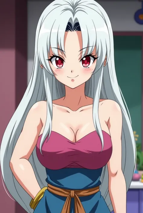 Screenshot Dragon ball z. 20 year old girl with long straight white hair, red eyes with long eyelashes, smiling confidently. blue cheongsam dress, front view, full body view. high definition. anime style. Dragon Ball Z style animation. 