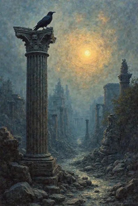 
"A dramatic painting depicts the ruins of Rome at dawn. The city is covered in fog, with broken statues and collapsing temples. A raven perches on a destroyed column,  symbolizing the end of an era."