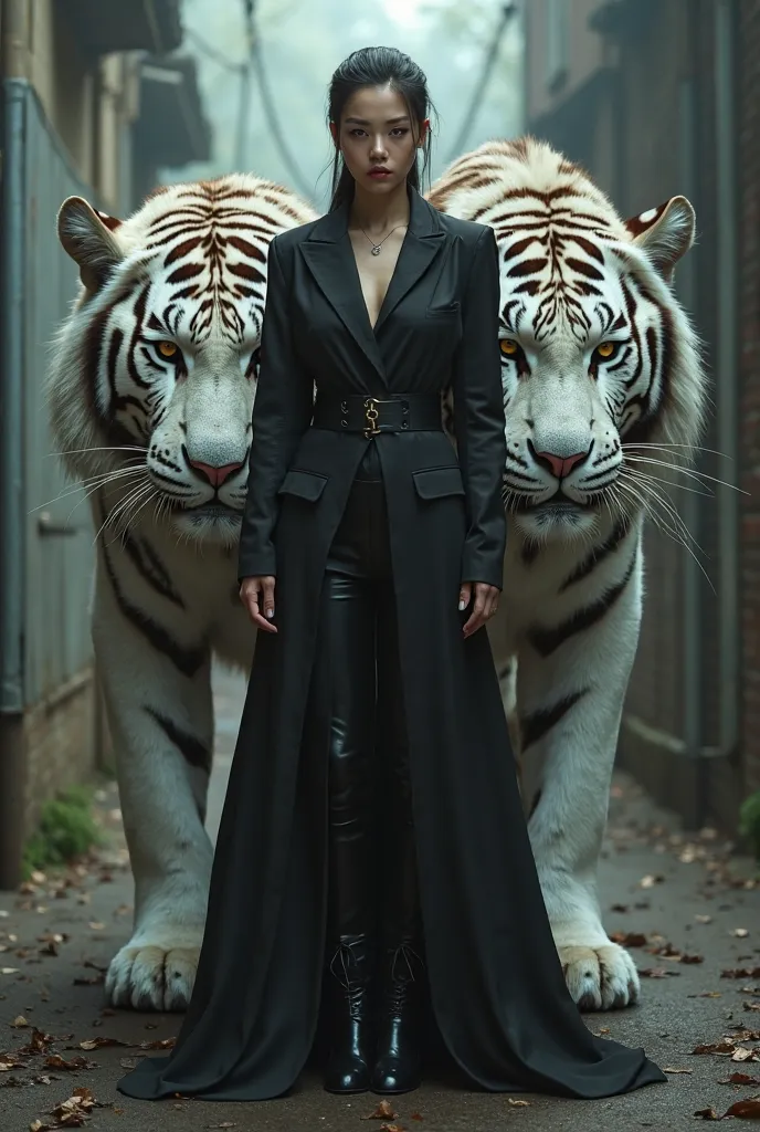 I want a picture of a woman who is the leader of an Italian mafia wearing black and behind him is a giant white tiger with huge muscles in a random area 