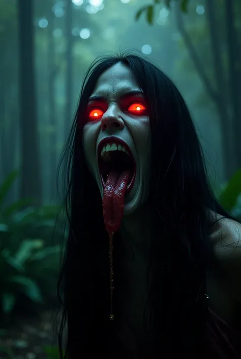 "A dark and eerie scene featuring Veronica, a beautiful yet terrifying witch with glowing red eyes and long flowing black hair. She opens her mouth wide, revealing flawless, symmetrical, and stunningly white teeth, resembling those of a Hollywood actress. ...