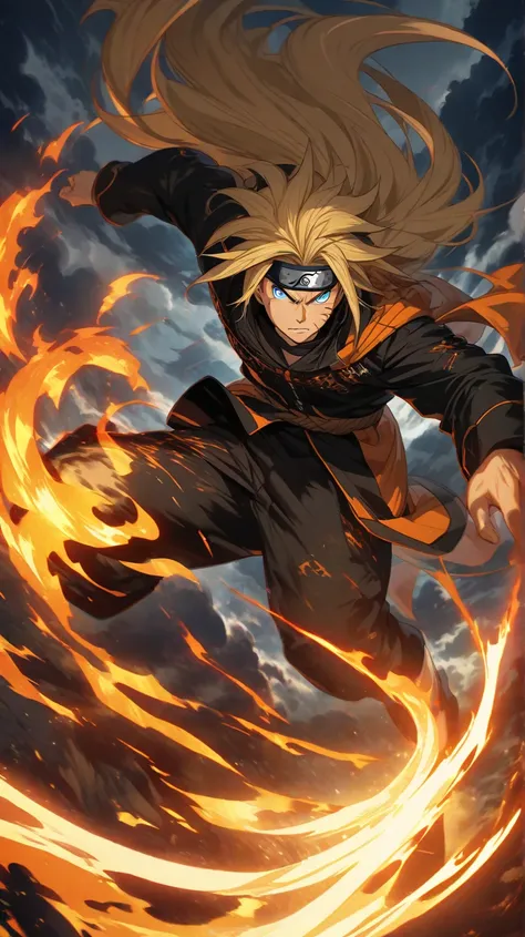 "A dynamic anime-style illustration of a Naruto supidan with spiky blond hair, wearing an orange and black jumpsuit with a headband featuring a metal plate with a symbol. He has bright blue eyes glowing with energy, three whisker-like marks on each cheek, ...