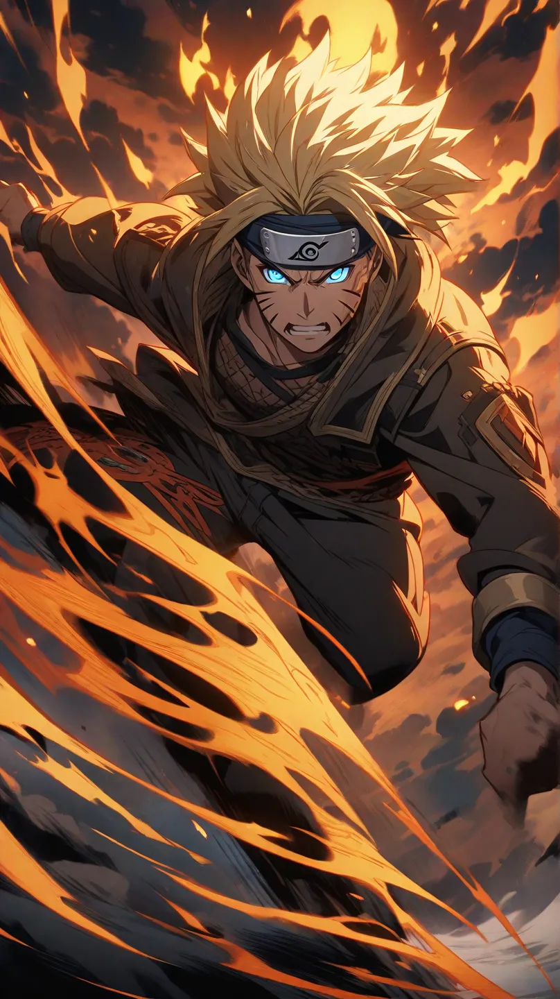 "A dynamic anime-style illustration of a Naruto supidan with spiky blond hair, wearing an orange and black jumpsuit with a headband featuring a metal plate with a symbol. He has bright blue eyes glowing with energy, three whisker-like marks on each cheek, ...