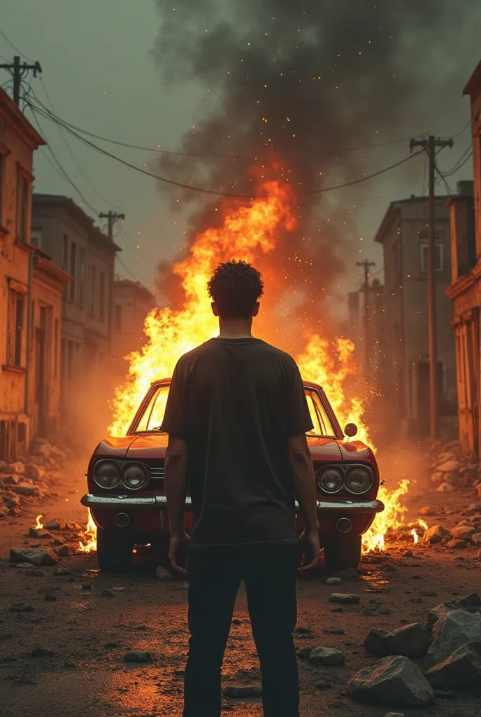 une cover d’album rap, avec un style vintage, showing a burning car, and a young man in the background, From the back facing the burning car