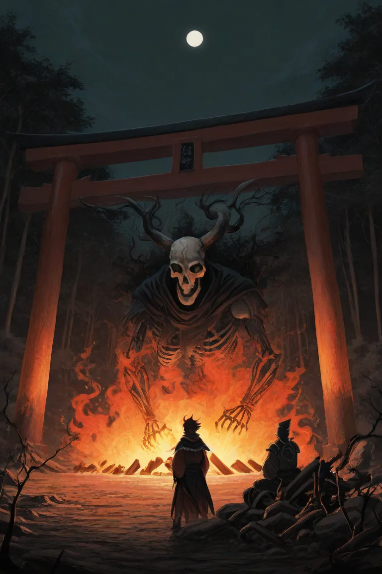 A Ukiyo-e style illustration with a subtle horror atmosphere, depicting an eerie scene of smoldering skulls wreathed in ghostly flames. These ancient, timeworn skulls lie scattered across the ground, some half-buried in drifting mist, while others rest ato...