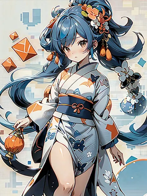 background:round and square、Greatest Masterpiece、 kimono、A geometric pattern combining blue and orange、Seven hair colors、