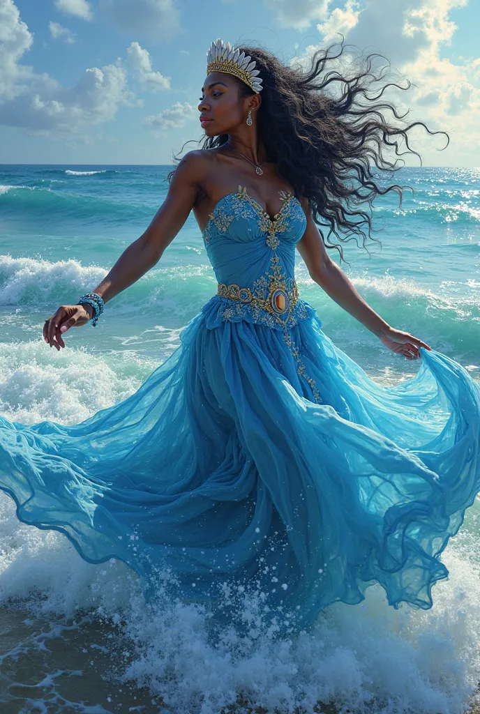 Iemanjá wearing a blue dress with her shell crown and her black hair, dancing on the waves of the sea