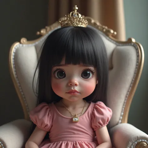 a grumpy baby girl, black hair, black eyes, pink dress, sitting on the princess white chair, has a crown, has a necklace name Tin, hyper-realistic, 8K, ultra-detailed, cinematic lighting, photorealistic, highly detailed facial features, expressive emotion,...