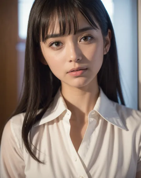 best quality, focus on the face,  soft light, ultra high resolution, (photorealistic:1.4), RAW photo,
 1 Japanese girl dress shirt, Alone, , (student, lights in the eyes),  detailed and beautiful face, ( small breasted ),(detalhes de alta resoluão da textu...