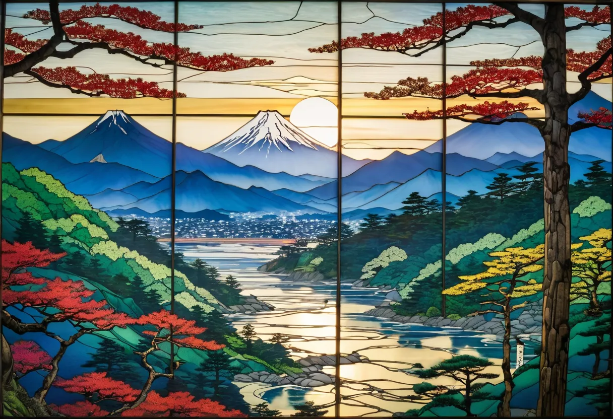  Mountain Stained Glass Photo Closeup,  inspired by Miyagawa Kazumori, Inspired by Hiroshige , is inspired by Tensho Akibu, Inspired by Buncho Tani, Influenced by Kisaragi, , Inspired by Hasegawa Tohaku 