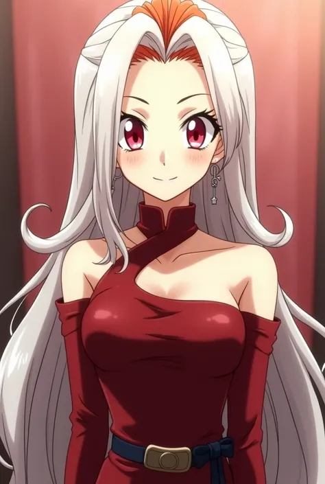 Screenshot Dragon ball z. 20 year old girl with long straight white hair, red eyes with long eyelashes, smiling confidently. blue cheongsam dress, front view, full body view. high definition. anime style. Dragon Ball Z style animation. 