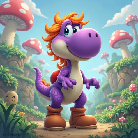 create a yoshi the purple colored body and longue orange hair with the brown colored boots, in the world of mario bros