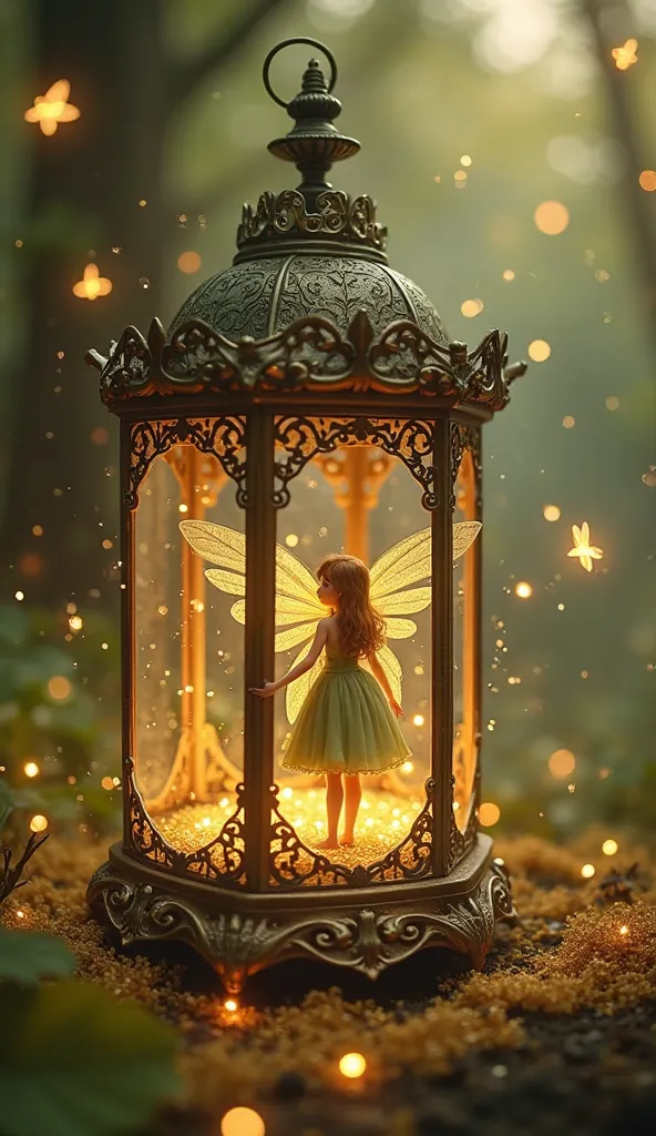  Tiny magical fairy with delicate, glowing golden wings inside an ornate, vintage lantern adorned with intricate metalwork and tiny glowing lights. The fairy wears a soft green dress and stands gracefully on a bed of sparkling golden dust, surrounded by fl...