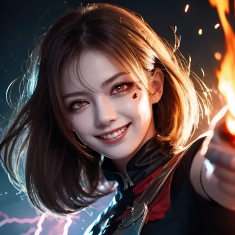  1 girl,  flying hair,  red eyes, Fire Witch , Blood on face,  Light Particles , Lightning rays,  wallpaper,  colorful,  high contrast , ,  smirking ,  , psychopathic  smirking ,  Psychopath Smile ,  tilting your head 